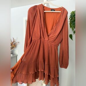 Vici Terracotta Pleated Long Sleeve Dress